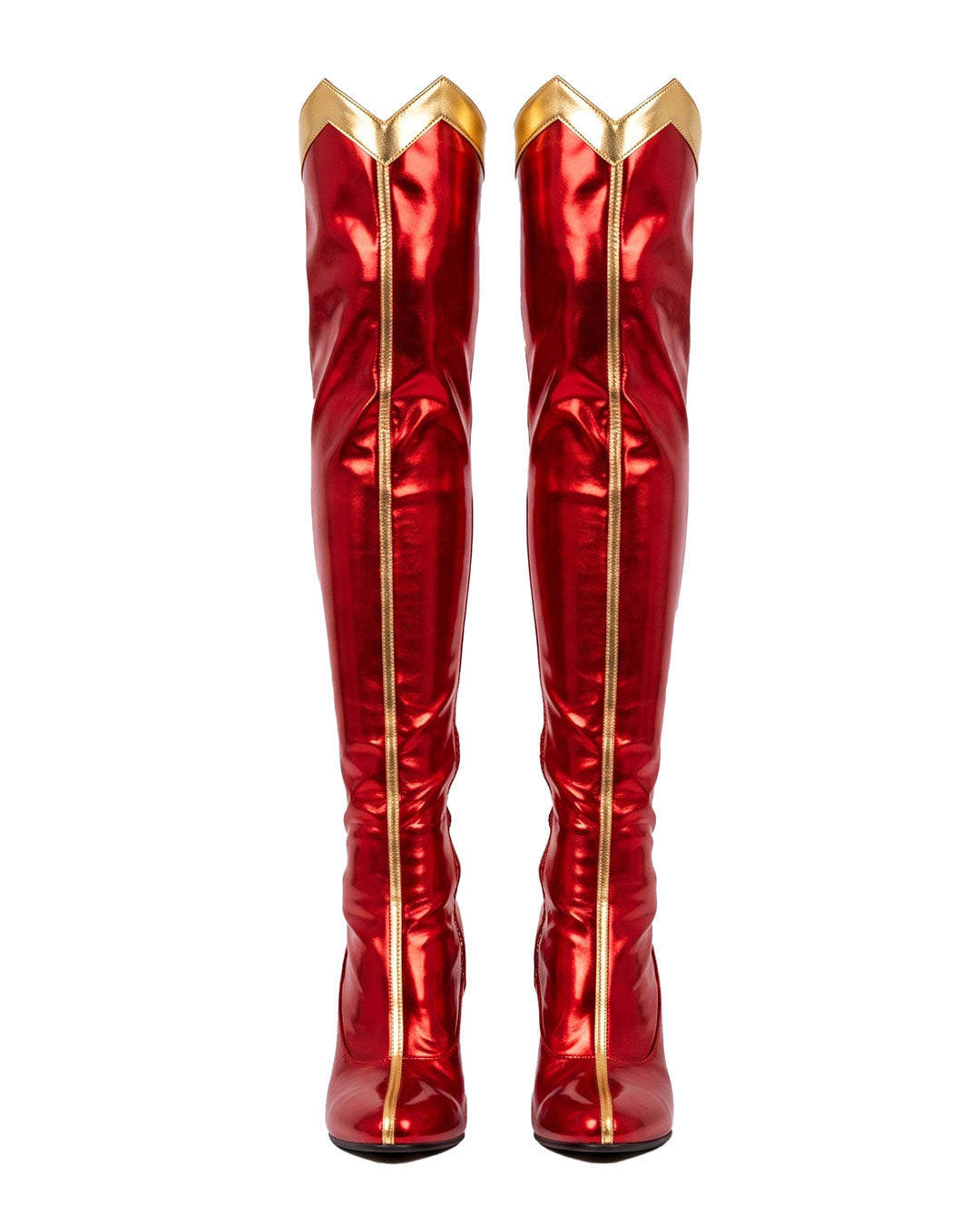 A pair of metallic red over-the-knee boots with gold trim and a gold center stripe, shown from the front on a plain white background.