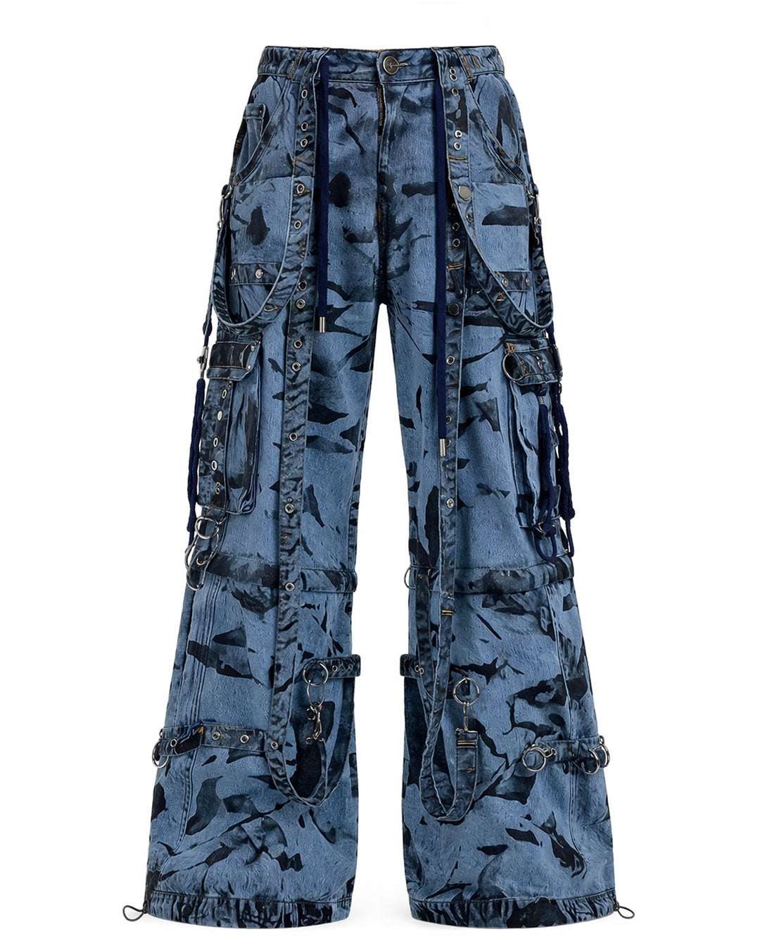 Men’s Blue Denim Cargo Pants with Chains and Buckles