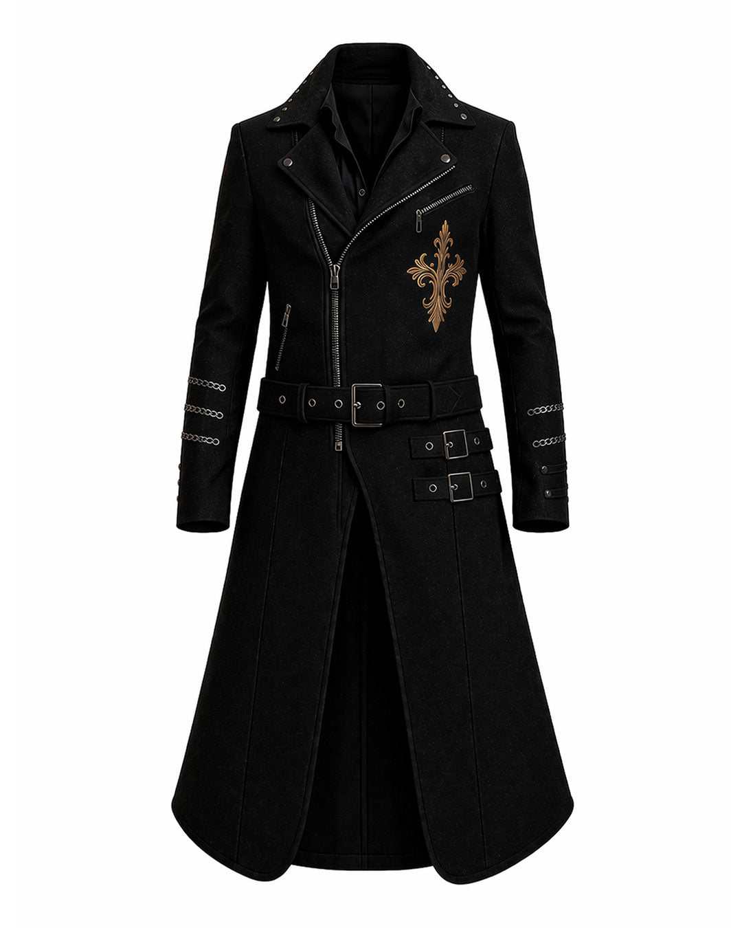 Men's obsidian crest gothic long coat with embroidery and structured fit for gothic fashion