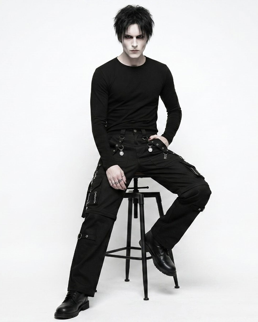 DreadLock black gothic cargo pants for men with multi-pocket utility streetwear design