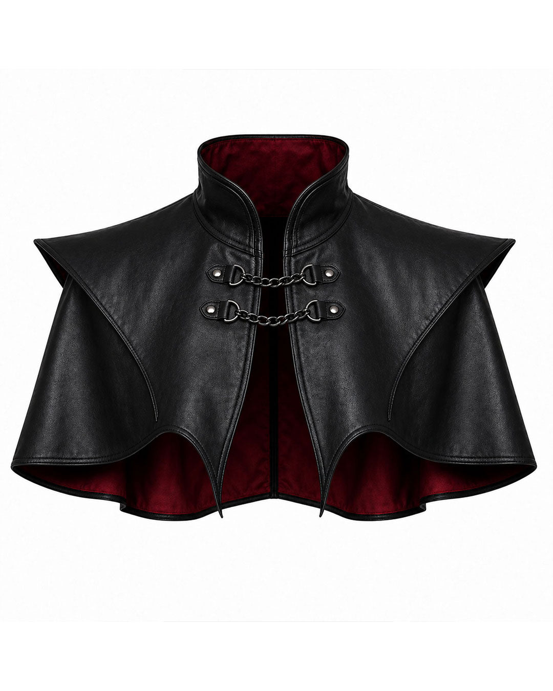 Women’s black gothic leather shoulder cape with high collar, pointed shoulders, chain closures and deep-red inner lining, front view
