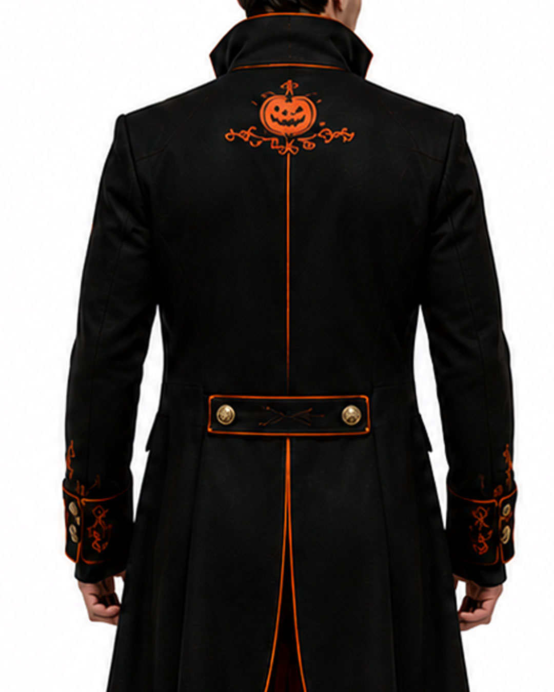 Men's Pumpkin Duke Halloween trench coat with gothic Victorian tailcoat design and pumpkin embroidery