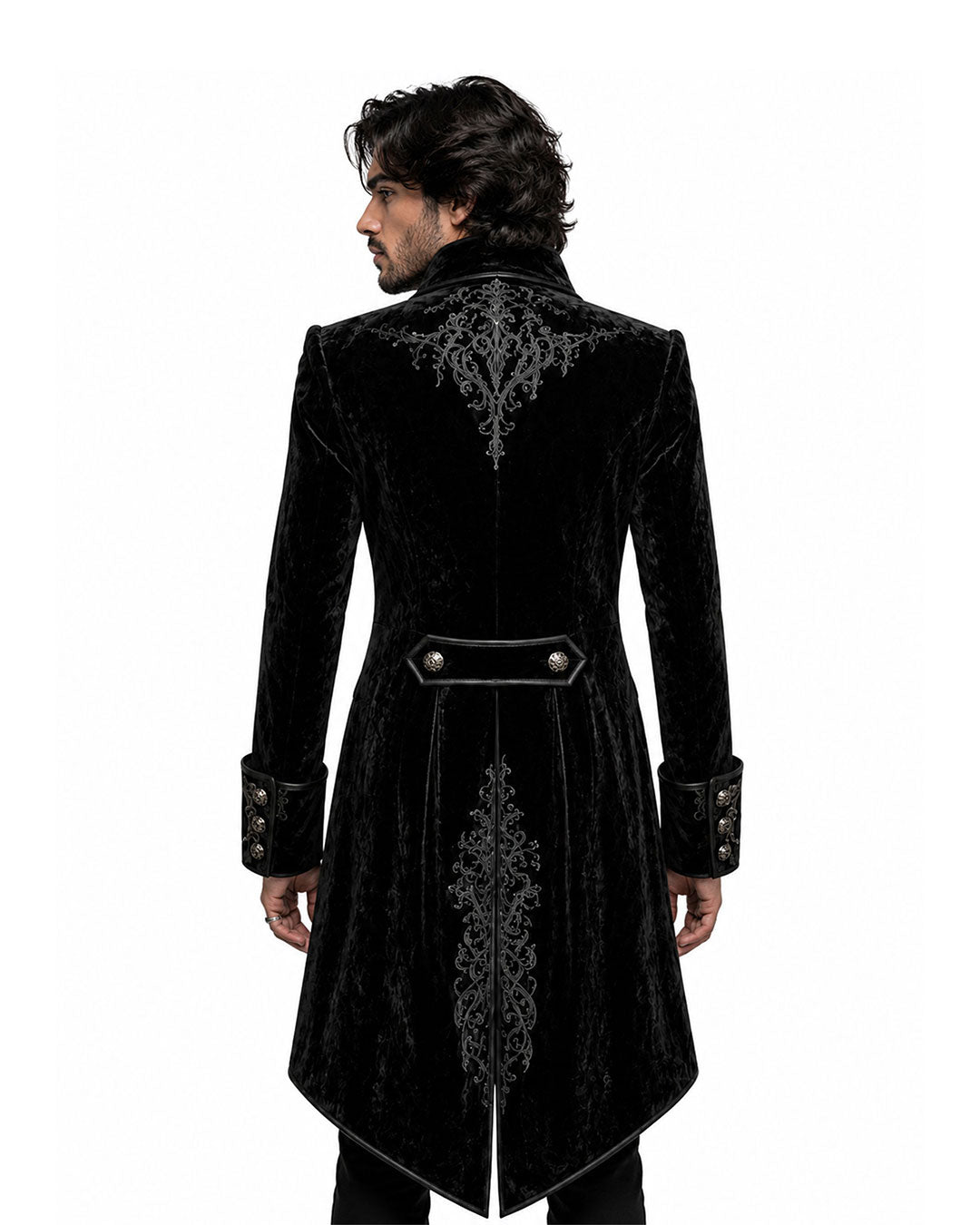 Back view of men’s Victorian gothic black velvet coat with embroidered upper back detail, fitted waist, and pointed tailcoat hem