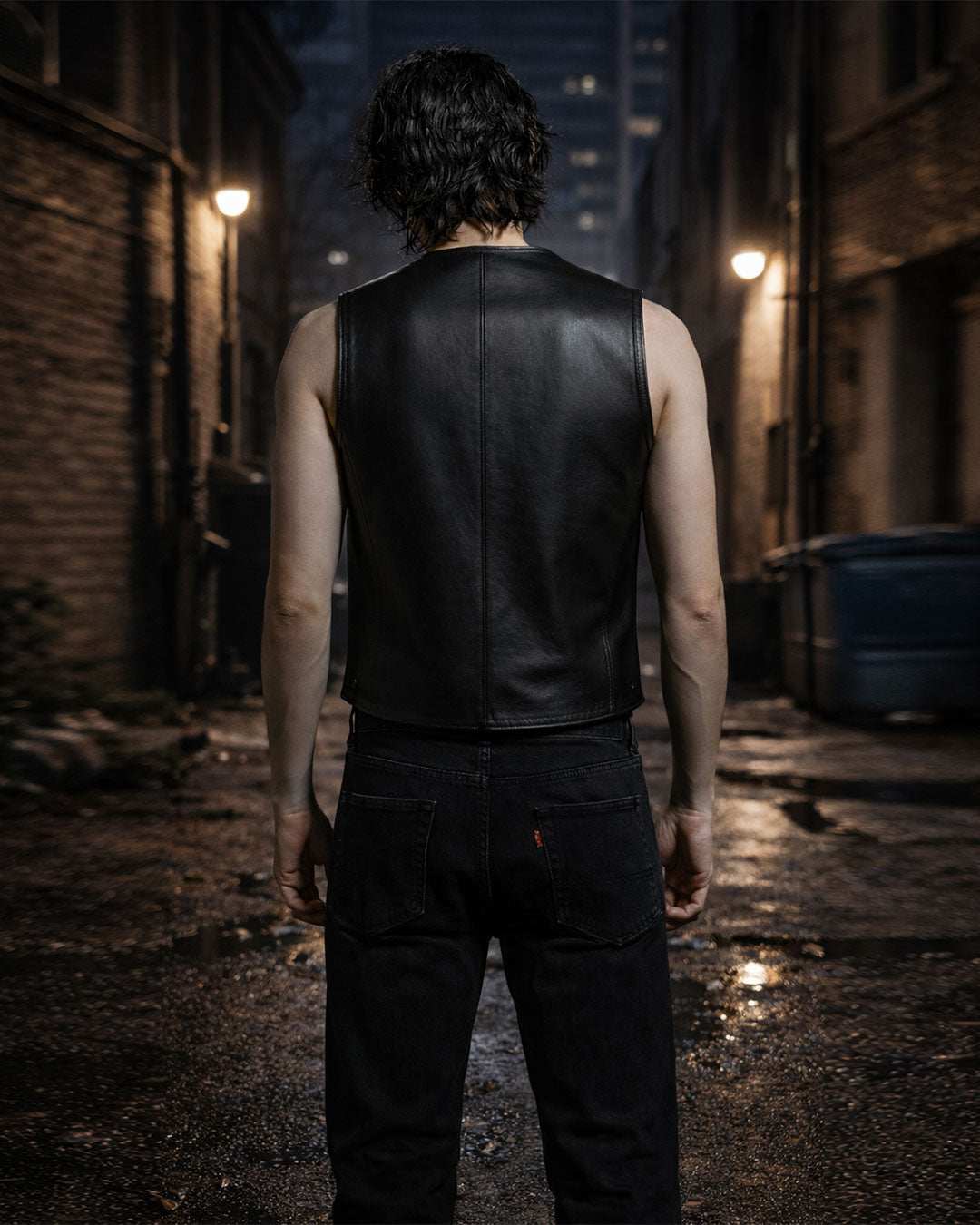 Men's edgy biker style studded black faux leather vest with gothic embroidery and cross detailing