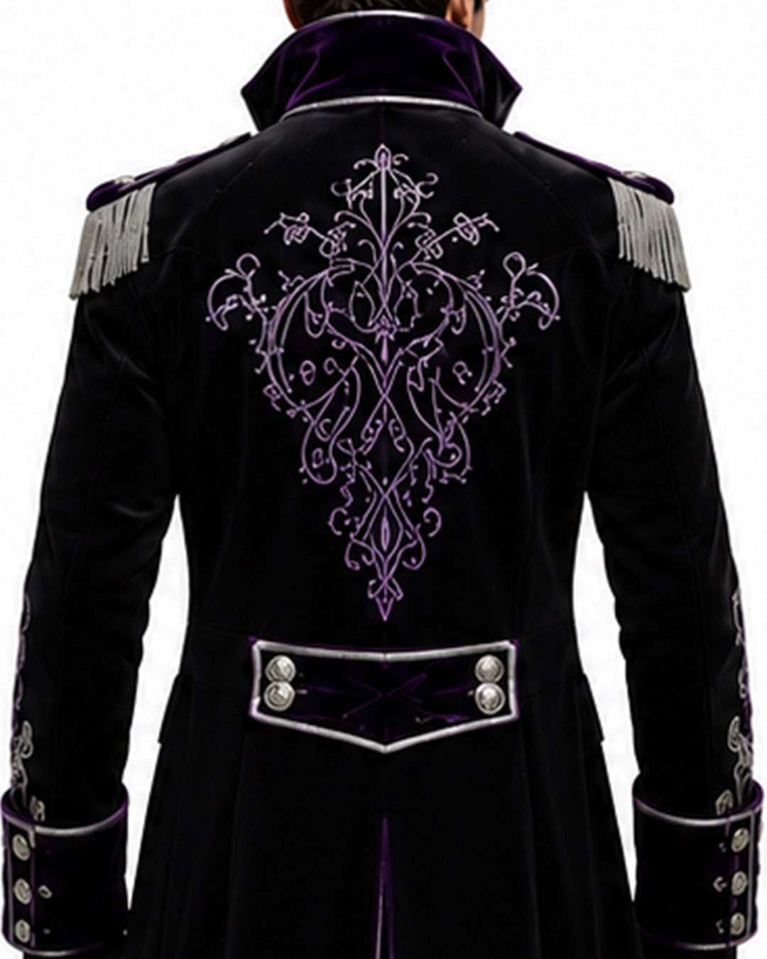 Men's gothic Halloween trench coat with purple velvet accents and Victorian vampire costume styling