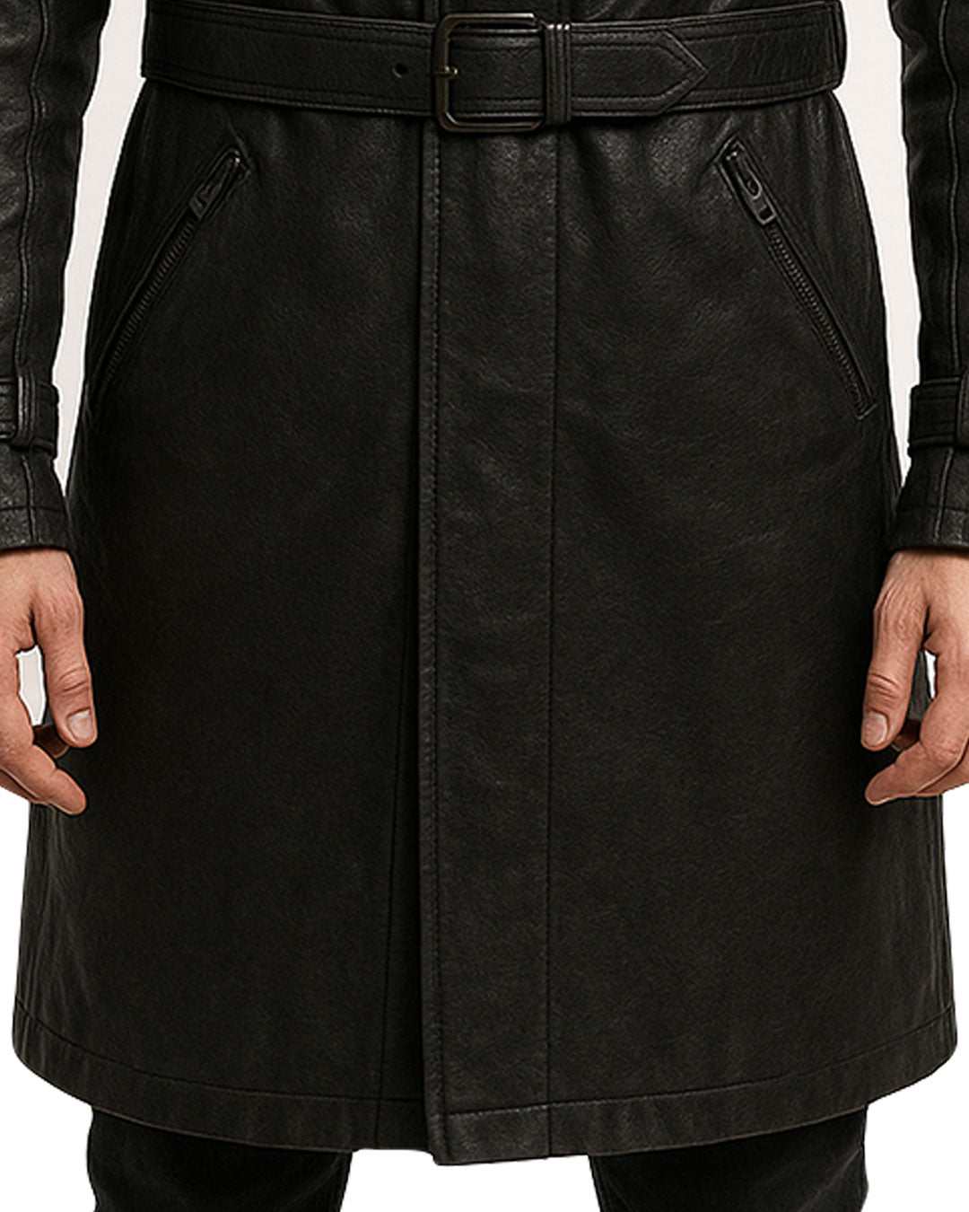 black leather hooded trench coat with belt and zipper pockets streetwear gothic fashion