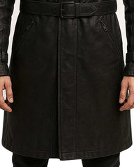 black leather hooded trench coat with belt and zipper pockets streetwear gothic fashion