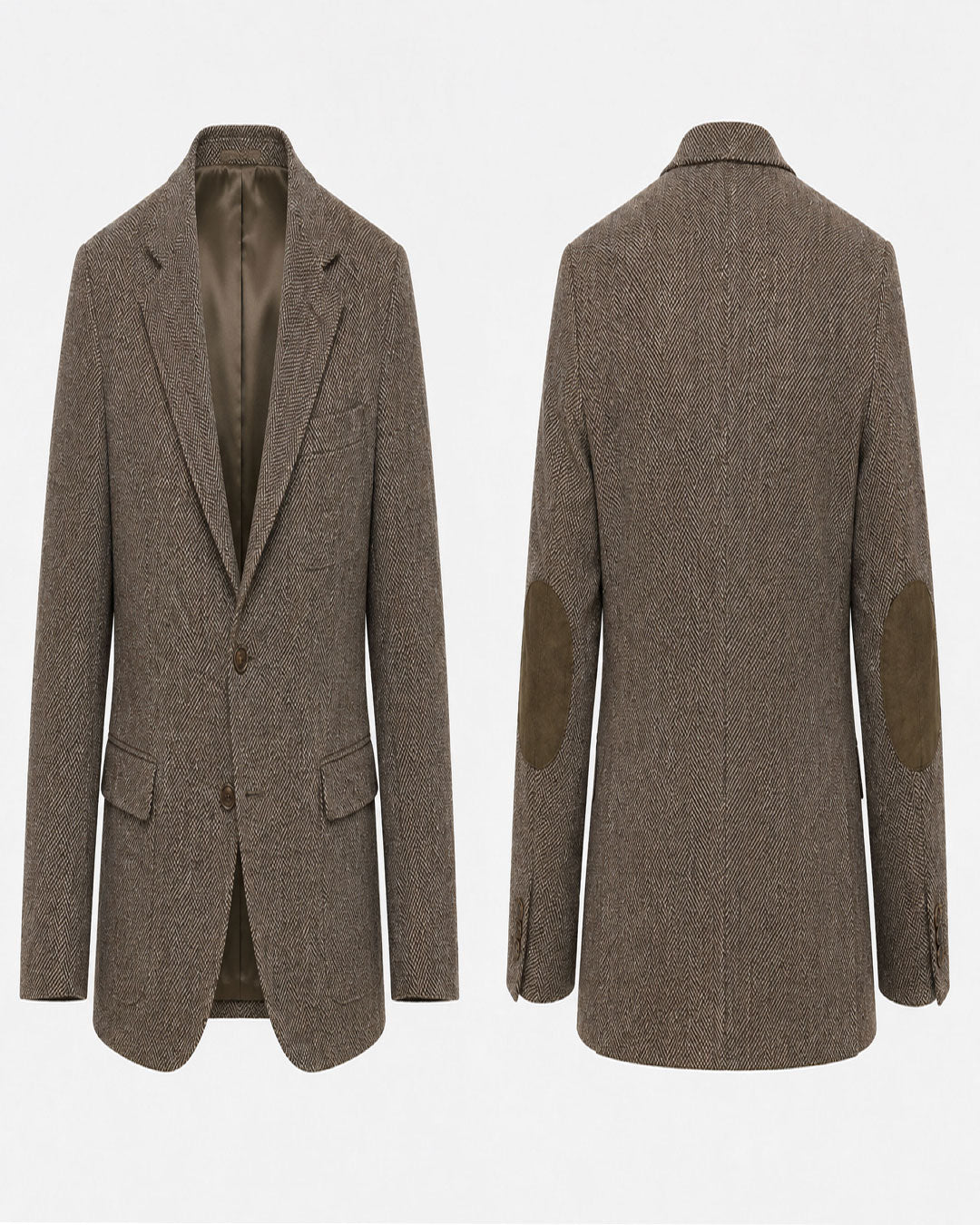 A brown tweed blazer shown from both the front and back views against a plain white background. The blazer features brown suede elbow patches and a satin lining.