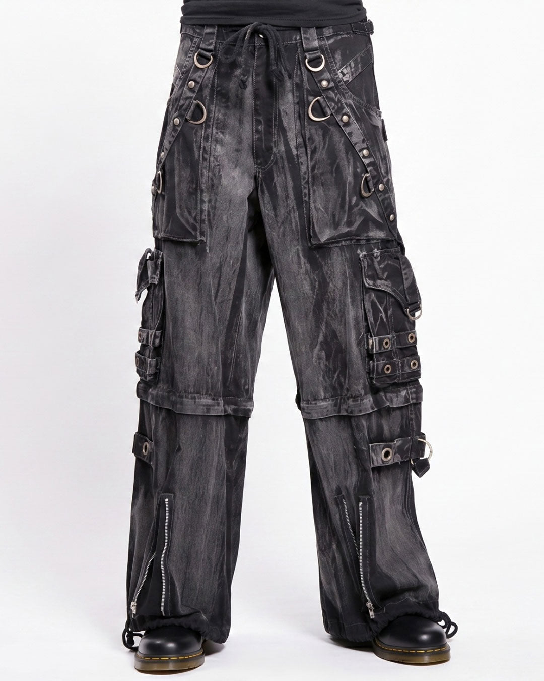 Black Acid Wash Gothic Cargo Pants – Distressed Wide-Leg Rave Trousers