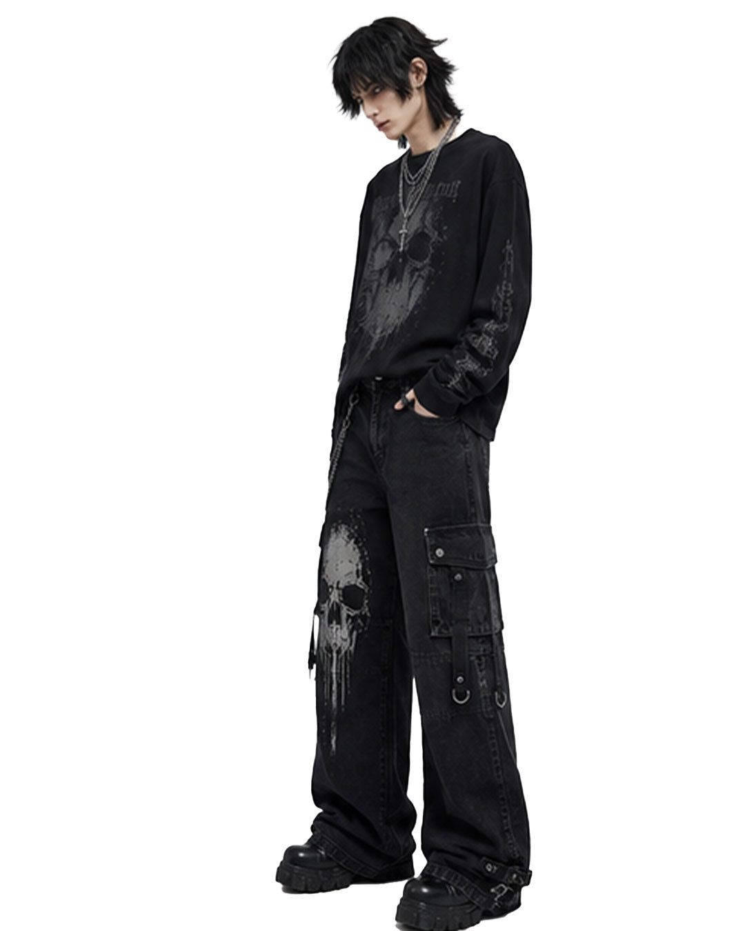 Side view of wide leg cargo pants showing oversized silhouette and skull design