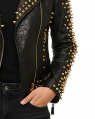 Women’s Black Crocodile Texture Studded Leather Jacket