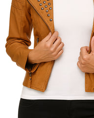 Women’s Brown Studded Biker Leather Jacket