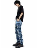 Patchwork distressed denim jeans with layered panel design, worn-in ripped detailing, and bold streetwear-inspired styling.