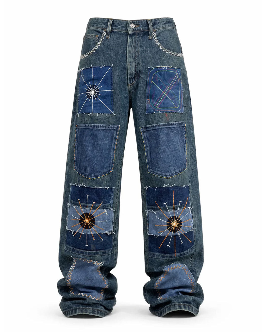 Patchwork Embroidered Wide Leg Denim Jeans