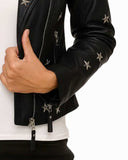 Star Studded Cropped black leather jacket with silver star accents and zipper details on sleeve