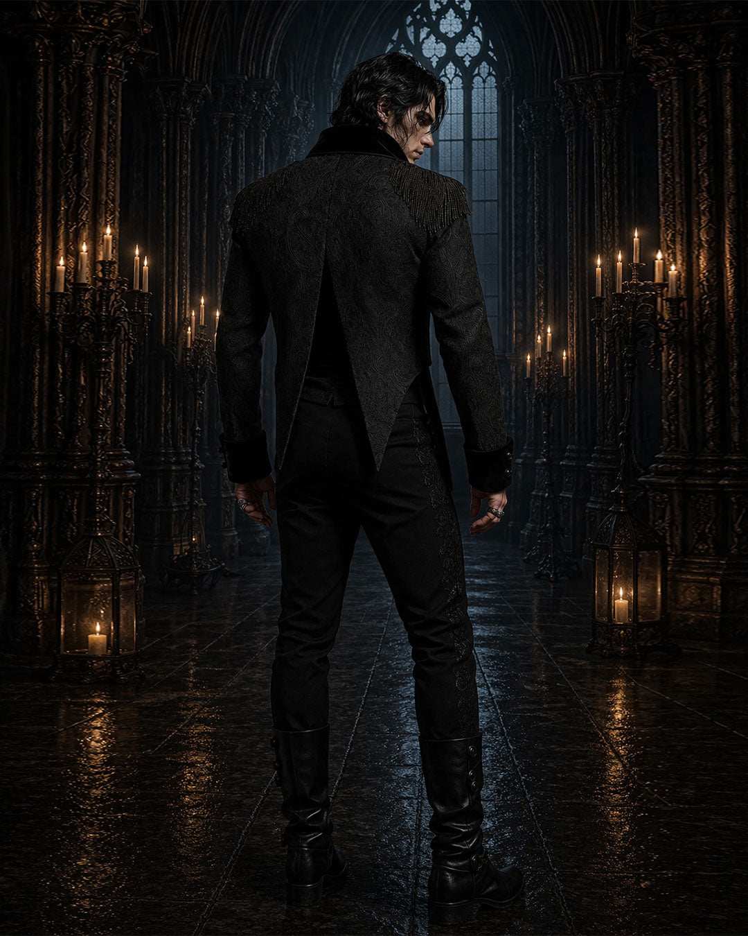 Black Swallow Tail Jacket in velvet with high-low hem, structured shoulders, and ornate gothic embroidery