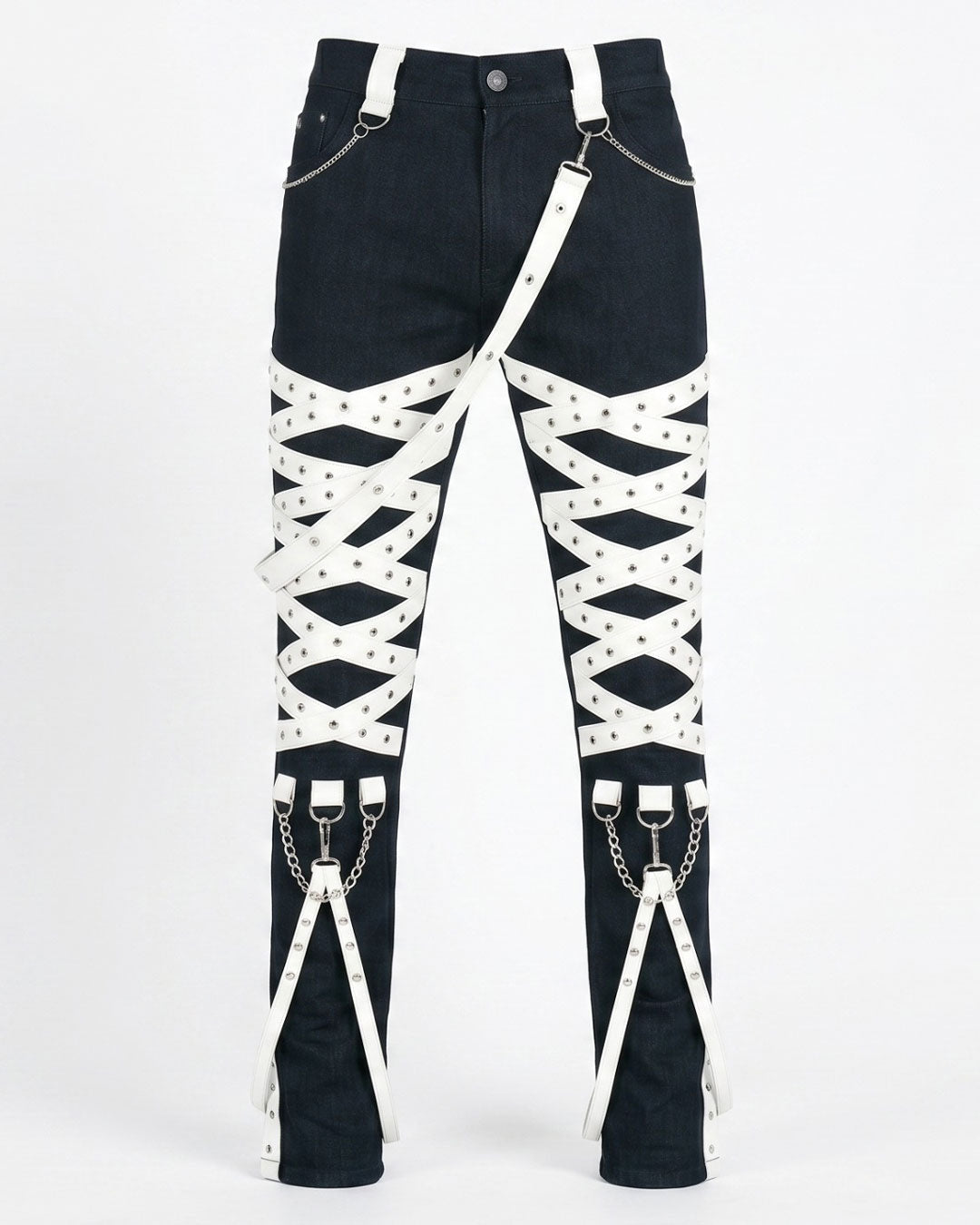 Trippprs White Strap-Detail Black Skinny Pants