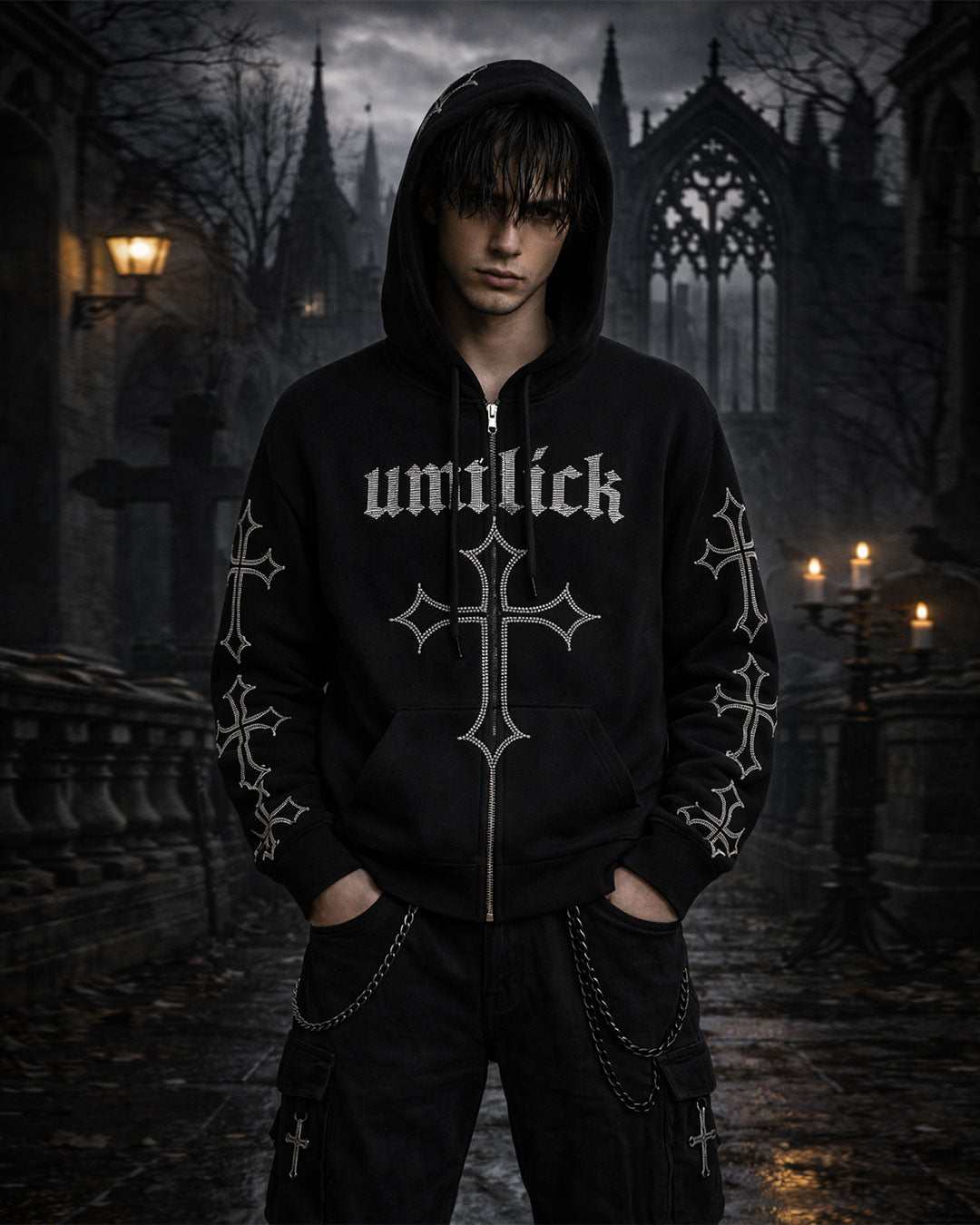 Black unisex gothic rhinestone cross hoodie with spider-web hood and gothic lettering