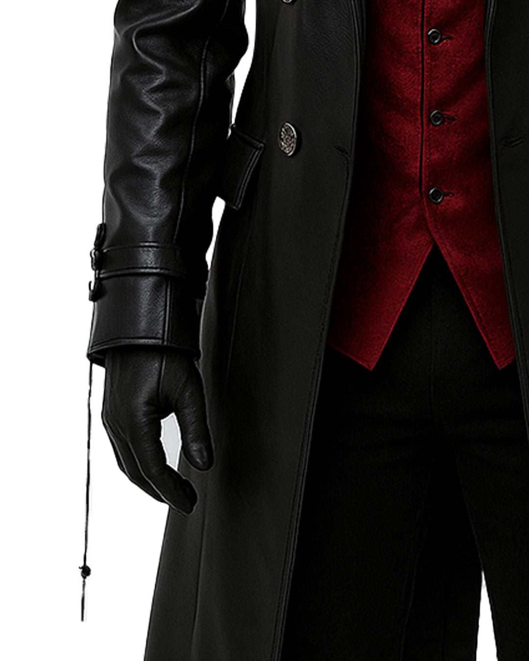 Men's black gothic leather trench coat with red vest and bow tie style, featuring double-breasted buttons and tailored fit