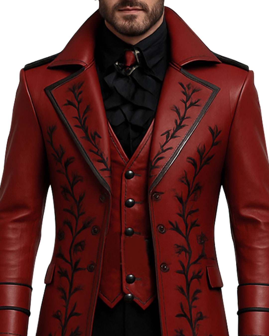 Men’s blood red gothic leather trench coat with black embroidery and tailored silhouette