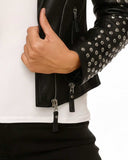 black leather casual studded biker jacket with silver studs and asymmetrical zip on sleeve