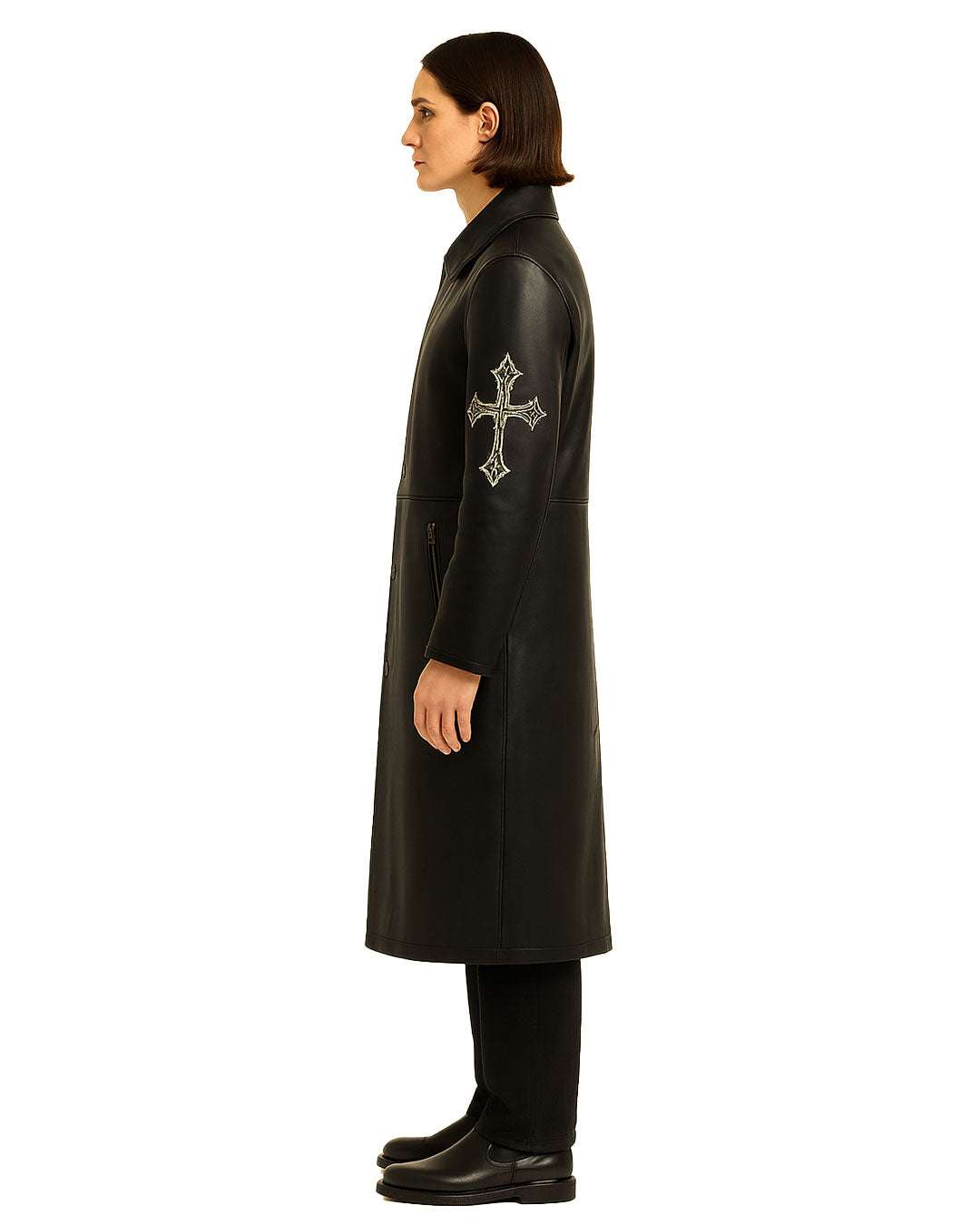Gothic Cross Long Leather Coat