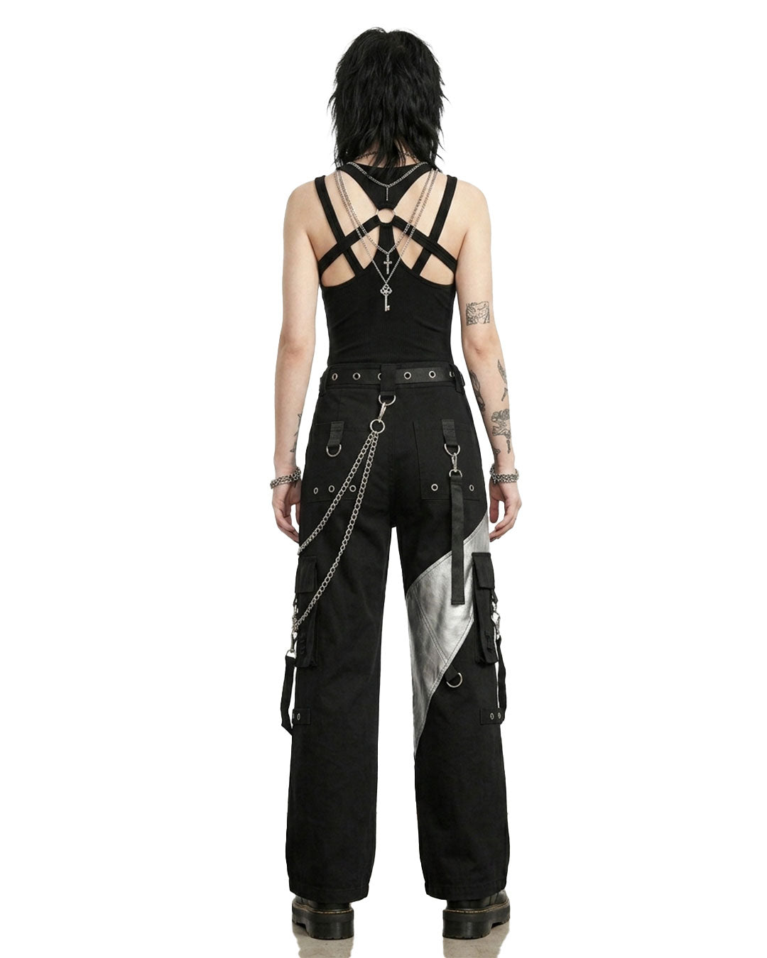 Back view of black cargo pants women with black wide leg pants silhouette, functional cargo pockets, and utility-inspired design.
