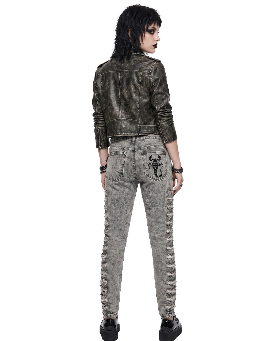 Ripped jeans women skinny fit in grey acid wash with scorpion embroidery on back pocket
