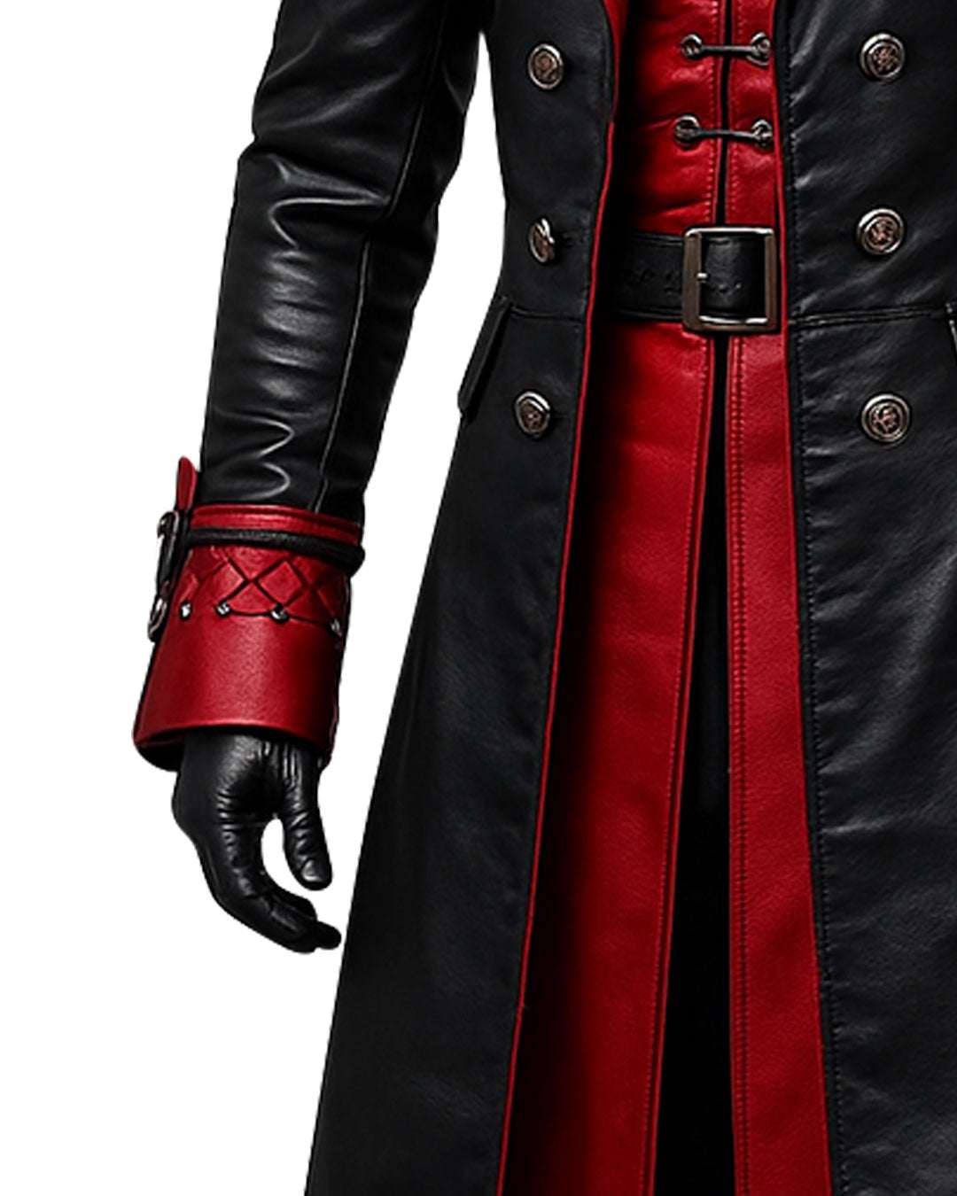 Men’s Gothic Vampire Faux Leather Trench Coat in black with red accents, double-breasted design, waist belt, and detailed cuffs