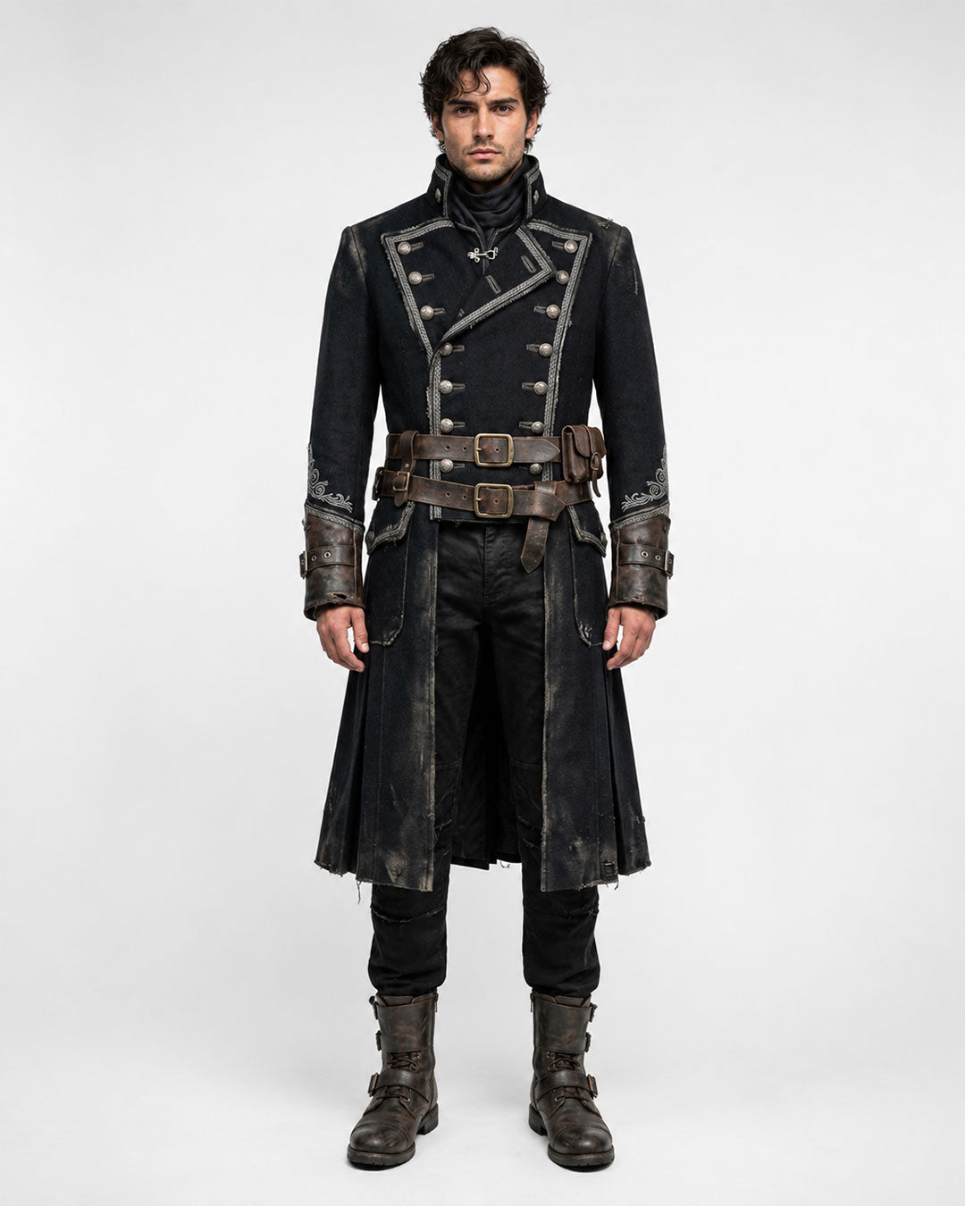 Men’s black pirate Halloween costume coat with gothic military and dark fantasy styling