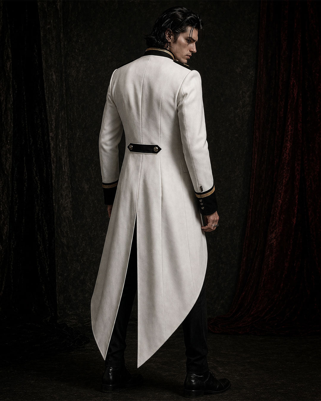 white trench coat men gothic long coat mens back view structured design