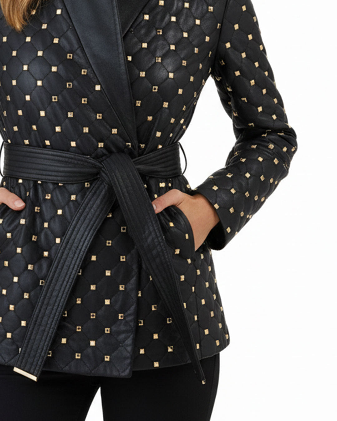 Black Leather Blazer with Gold Studded Accents