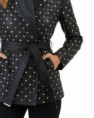 Black Leather Blazer with Gold Studded Accents