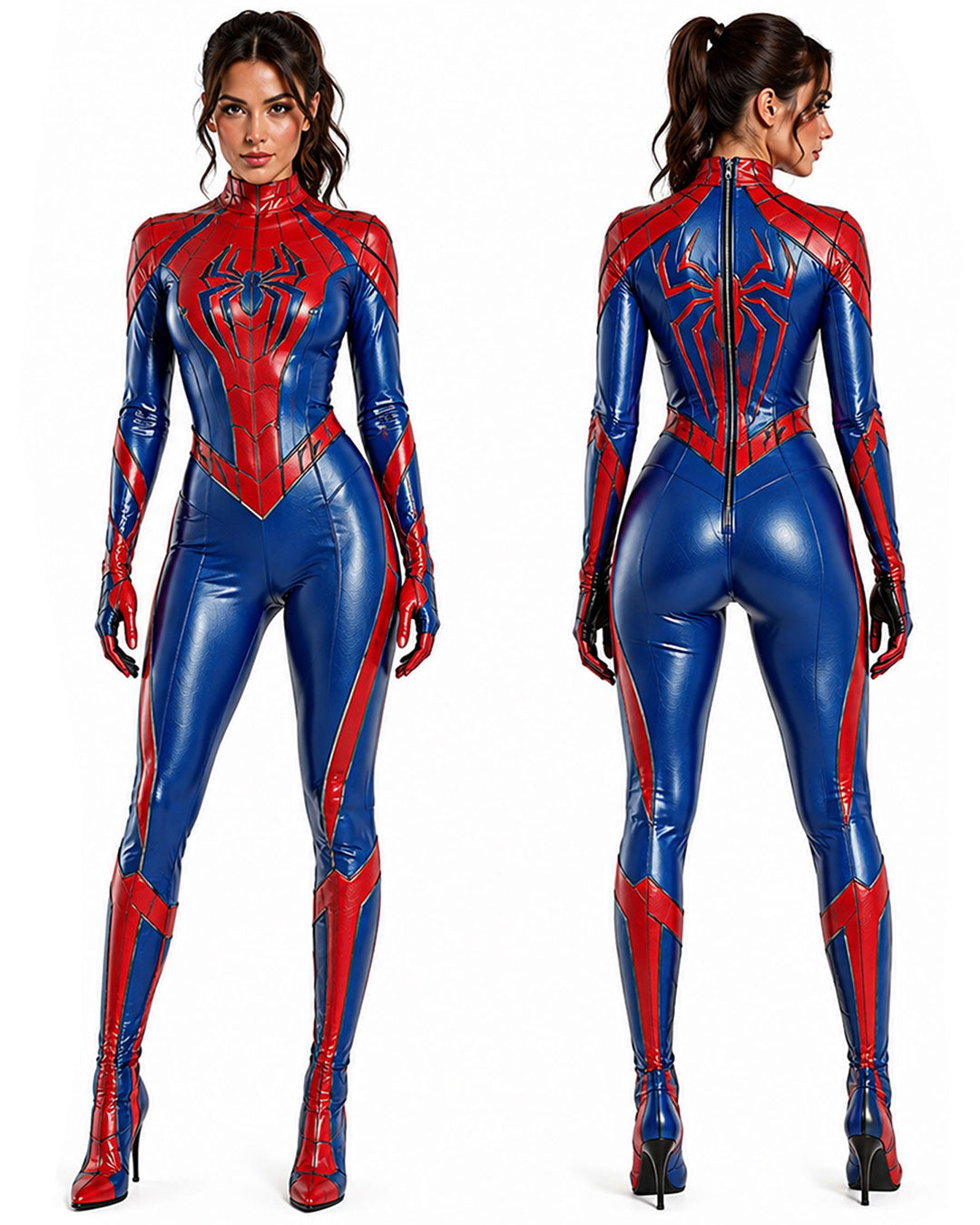Form-fitting red and blue faux leather superhero cosplay catsuit featuring a bold spider emblem across the chest and back, web-line detailing throughout, a high mock-neck collar, and a functional back zip closure, styled with matching gloves and knee boots, shown in front and back views.