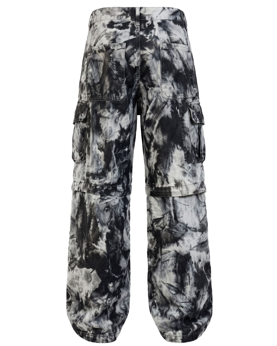 Back flat-lay view of women’s tie dye wide leg cargo pants showing the rear design and wide leg fit.