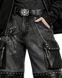 Denim and leather gothic pants with hanging chain detail, side view
