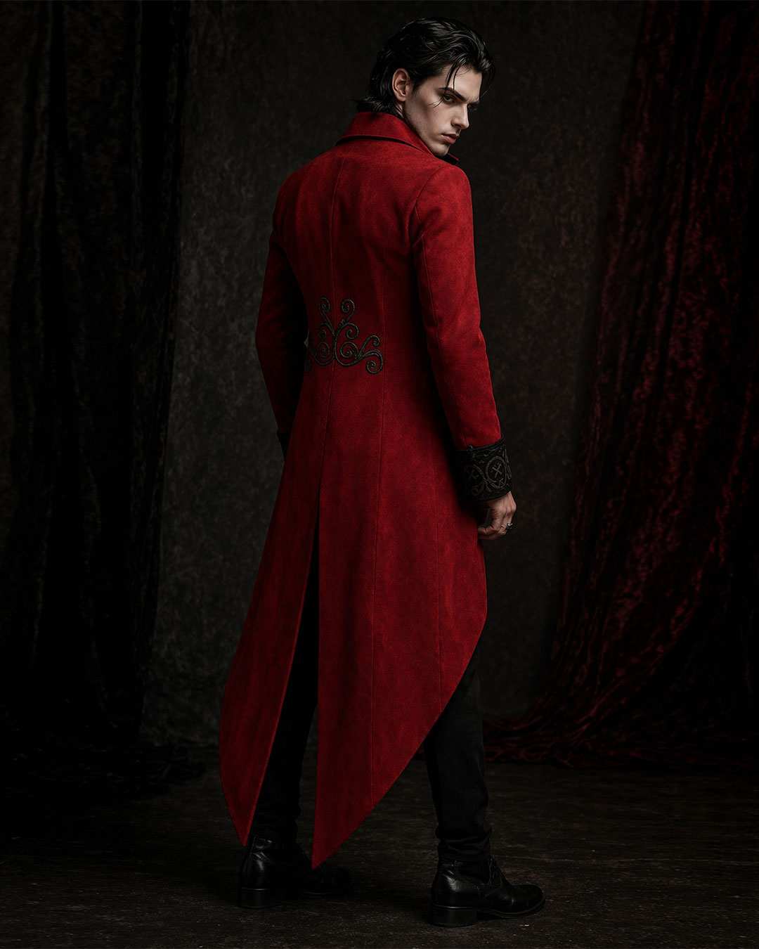 Men’s maroon velvet gothic tailcoat with Victorian design for gothic fashion lovers