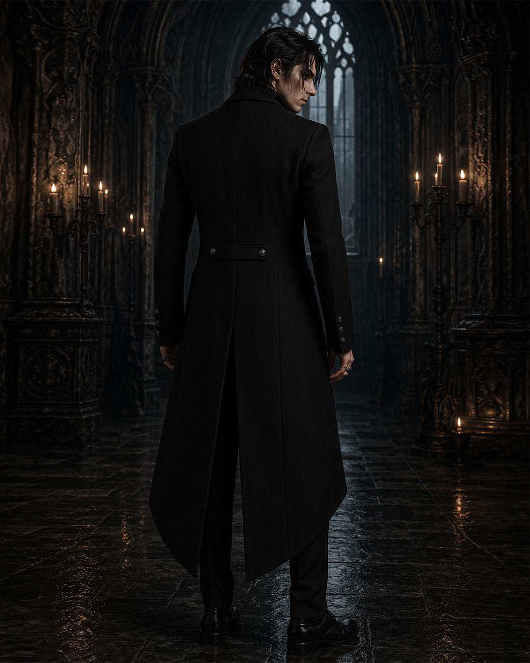 Gothic Victorian men's tailcoat with high collar, precision buttons, and dramatic long back tail.