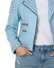 Punk Women's Studded Leather Jacket - Sky Blue