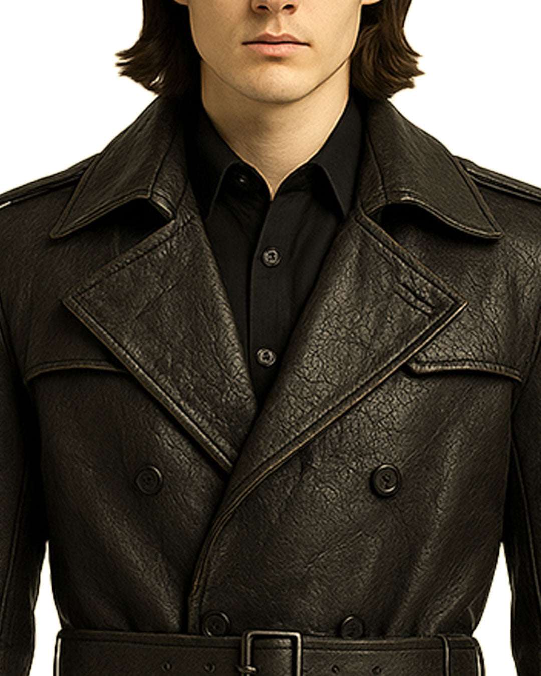 Close-up of black gothic cross leather trench coat with double-breasted front and belted waist detailing