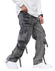 Men’s Casual Bomber Jeans – Wide Leg Multi-Pocket