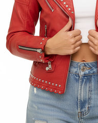 Women’s Cropped Red Studded Leather Jacket