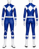 A blue and white full-body costume suit displayed on a mannequin, shown from both the front and back views against a plain white background.