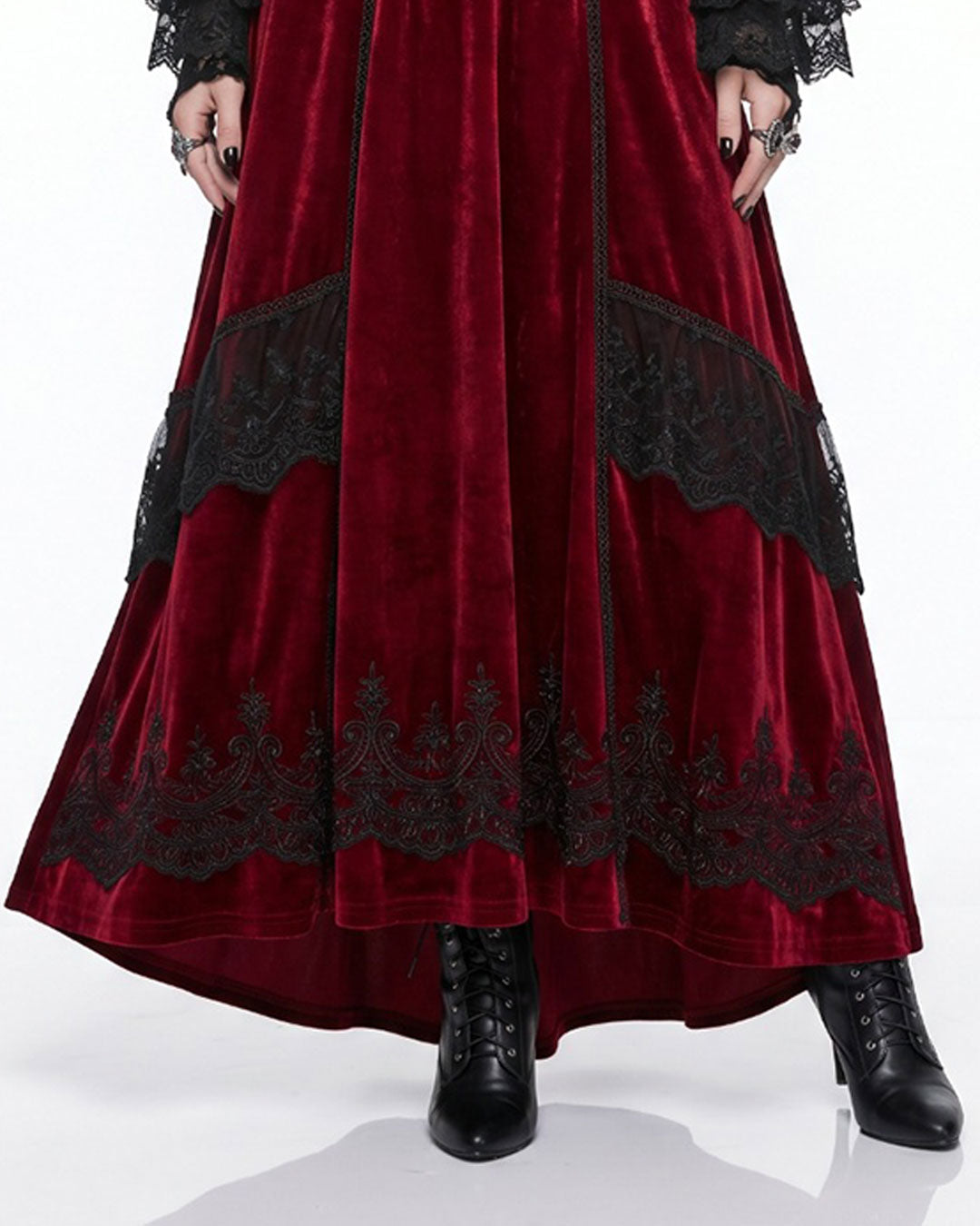 Crimson Horn Gothic Devil Halloween Costume Dress front view in red velvet with black lace