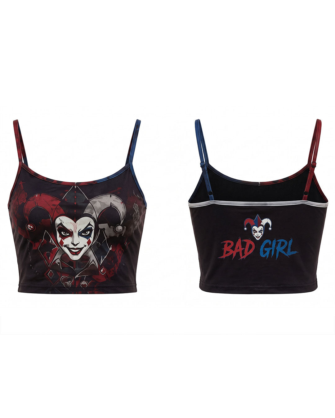 Two black spaghetti-strap crop tank tops featuring Harley Quinn graphics, shown side by side on a white background. The left top has a large Harley Quinn face graphic with red and white details, and the right top has a smaller graphic above the text 'BAD GIRL' in red and blue.