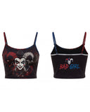 Two black spaghetti-strap crop tank tops featuring Harley Quinn graphics, shown side by side on a white background. The left top has a large Harley Quinn face graphic with red and white details, and the right top has a smaller graphic above the text 'BAD GIRL' in red and blue.