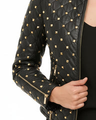 Women's Black Quilted Leather Jacket with Gold Studded Accents