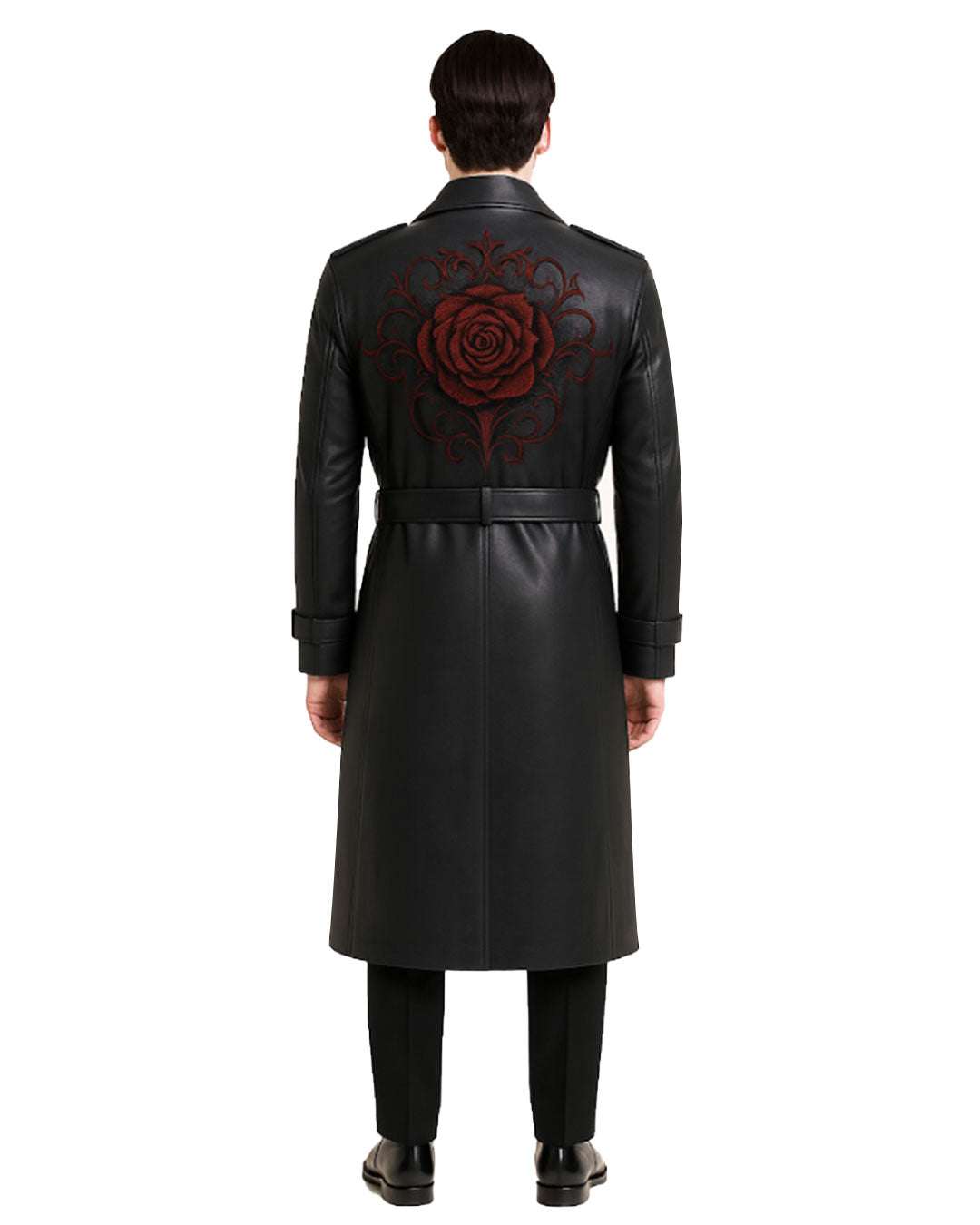 Back view of Black Rose Leather Trench Coat with embroidered red rose on premium black leather