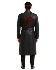 Back view of Black Rose Leather Trench Coat with embroidered red rose on premium black leather