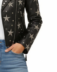 Black Leather Cropped Studded Jacket